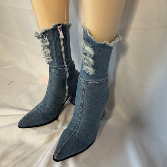 Y2K Denim Ankle Boots Distressed Frayed Pointed Toe Block Heel 38 - Picture 2 of 8